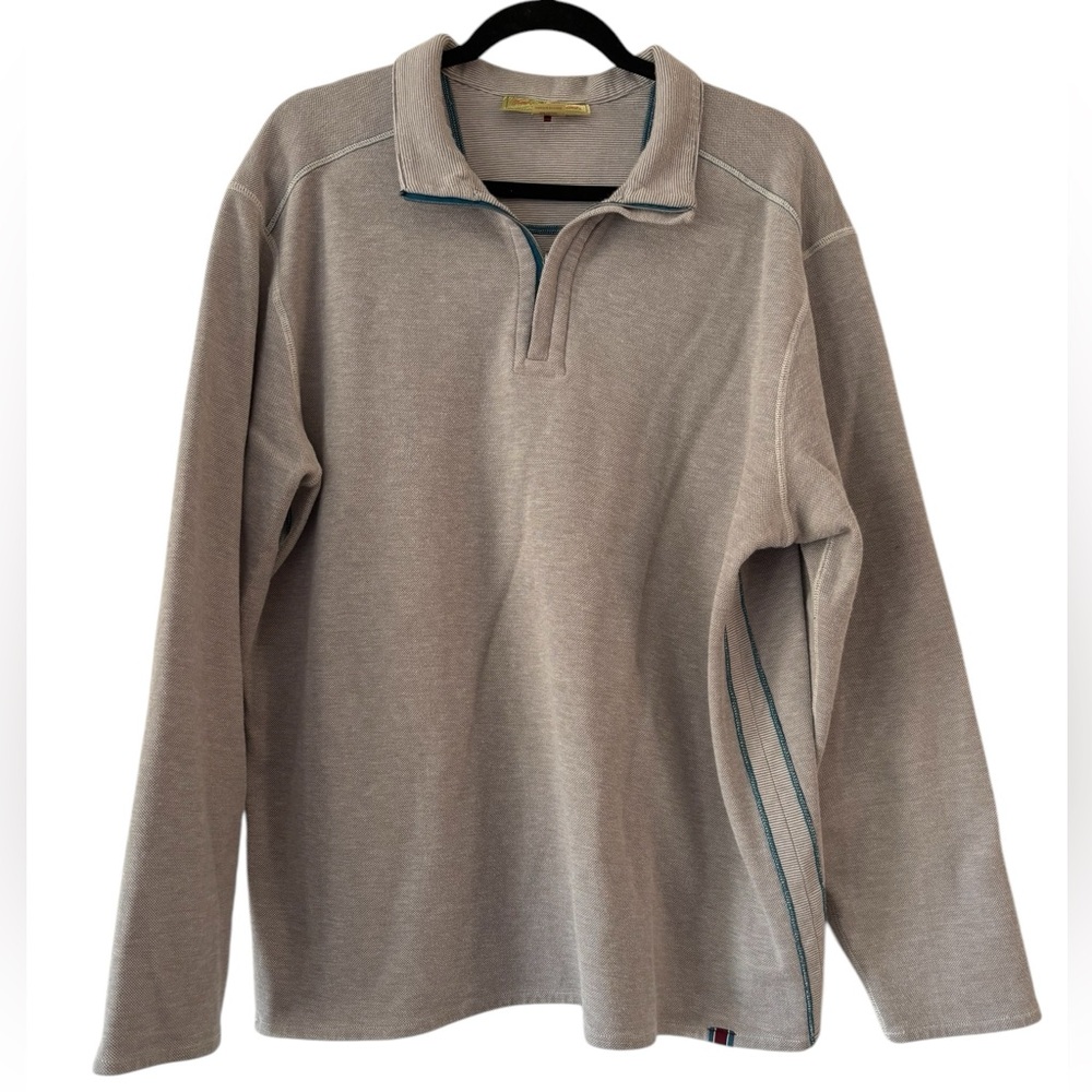 Tommy Bahama Grey & White Striped Quarter Zip Logo Pullover
